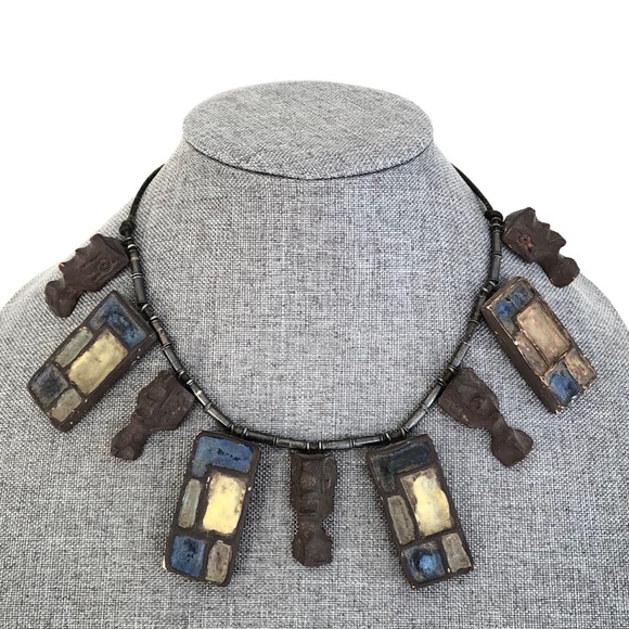 Vintage Artisan Modernist Necklace with Silver Beads and Pottery Pendants - Picture 2 of 13
